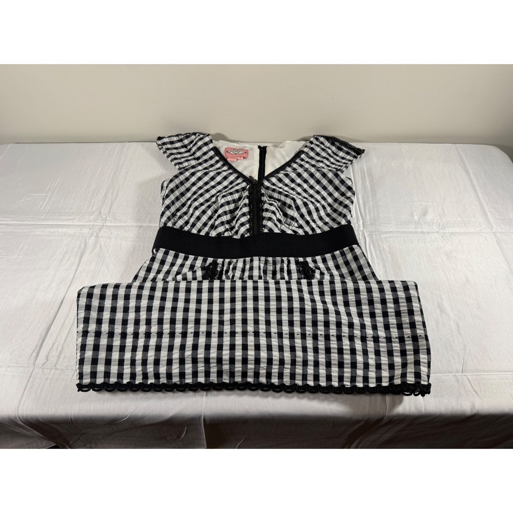 Phoebe Couture Kay Unger Gingham Fit Flare Dress Black White Lace Trim Size 6